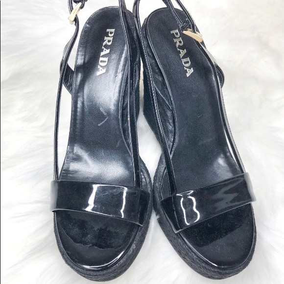 Prada Patient Leather Espadrille Wedges Sandals - Picture 6 of 9